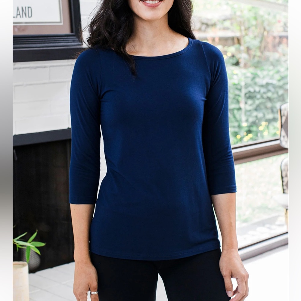 YALA KAI BOATNECK 3/4 SLEEVE RELAXED FIT BAMBOO TEE SHIRT, large, navy, NWT